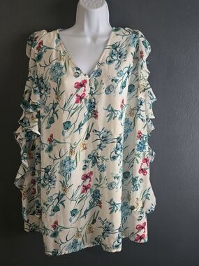 Roaman's Floral Cold Shoulder Ruffle Sleeve Boho Romantic Cottagecore Blouse 20W